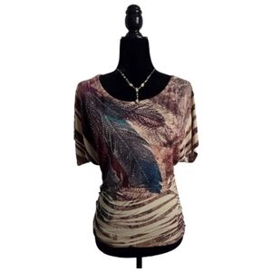 Olala Feather Print Ruched Women's Top With Beaded Detail Size Small